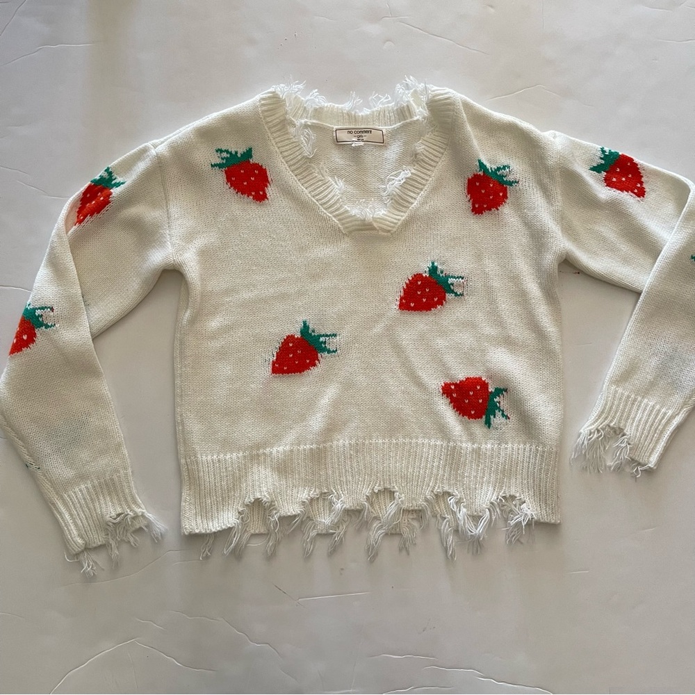 no comment Girls’ White Strawberry Print Frayed Hem V-neck Sweater
